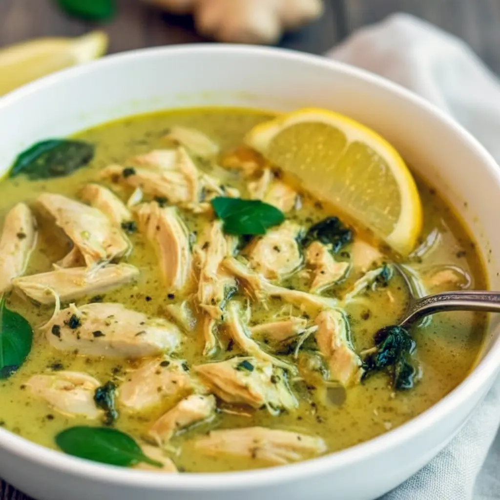 Bowl of Thai Ginger Chicken Soup with shredded chicken, sliced bell pepper, spinach, cilantro, and a lime wedge.