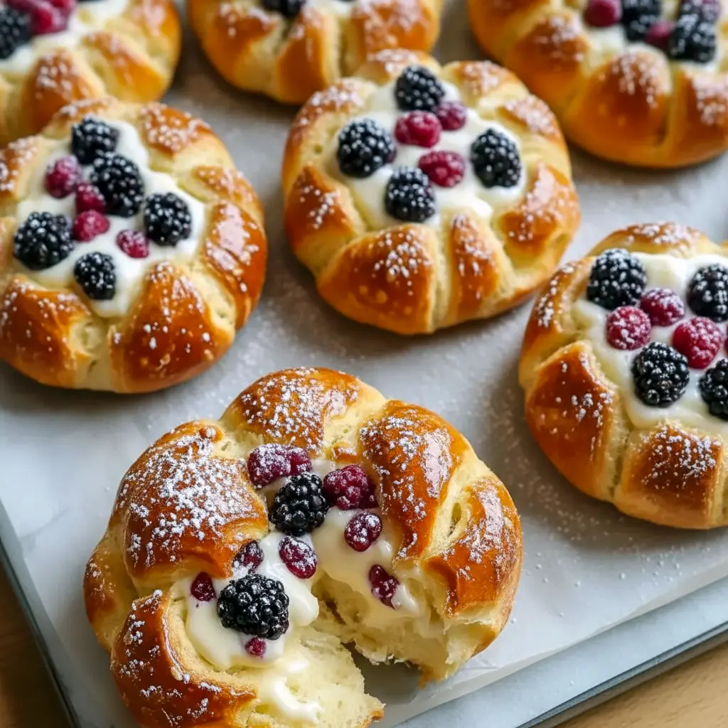 Vanilla Cheesecake Danish carnival bun with blueberry compote and a dusting of powdered sugar on a white plate.