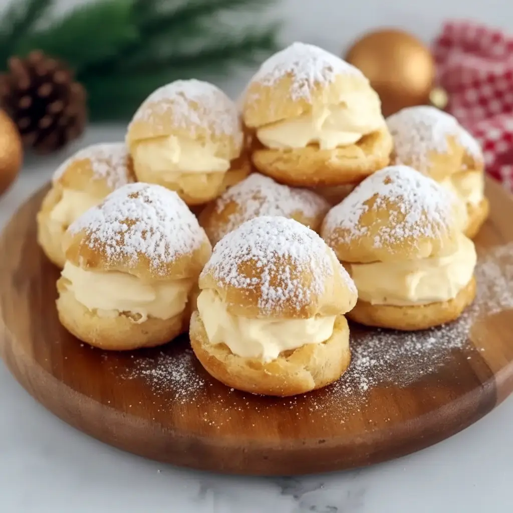 Golden Eggnog Cream Puffs filled with eggnog pastry cream, dusted with powdered sugar and a sprinkle of nutmeg on a holiday platter.
