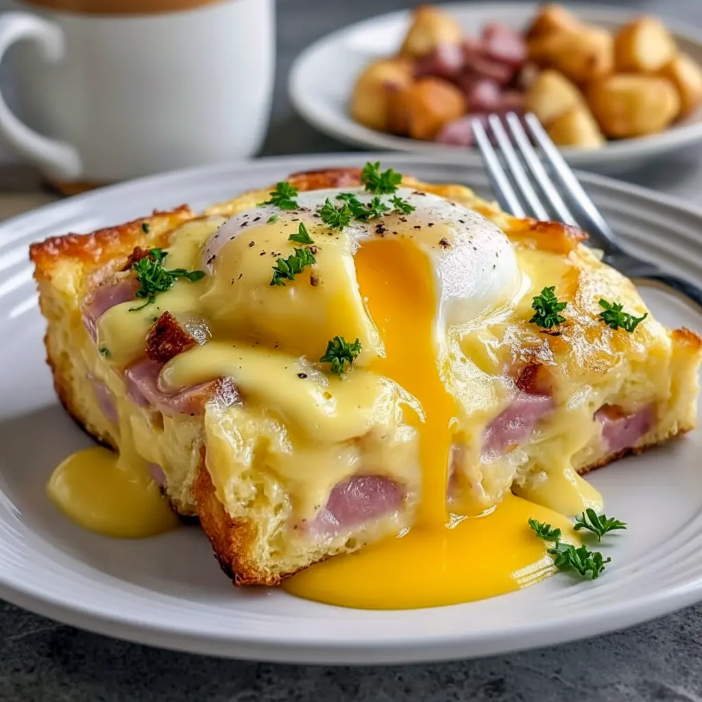 Pan of golden Eggs Benedict Casserole with warm hollandaise, chopped parsley, and visible chunks of English muffin and diced Canadian Bacon.