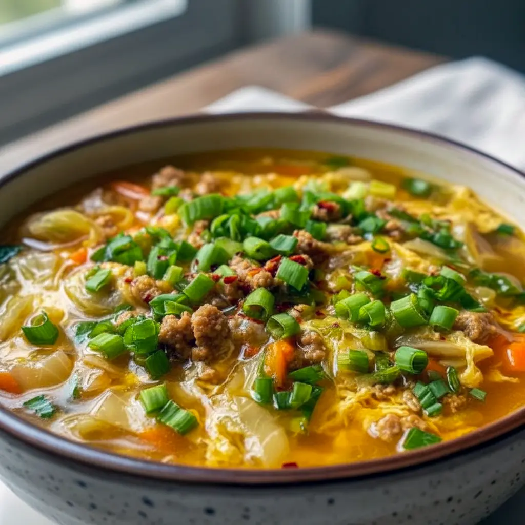 Steaming bowl of egg roll soup with ground pork, shredded cabbage, green onions, and ginger — a simple One Pot Healthy Dinner and an inviting example of Hearty Healthy Soups.