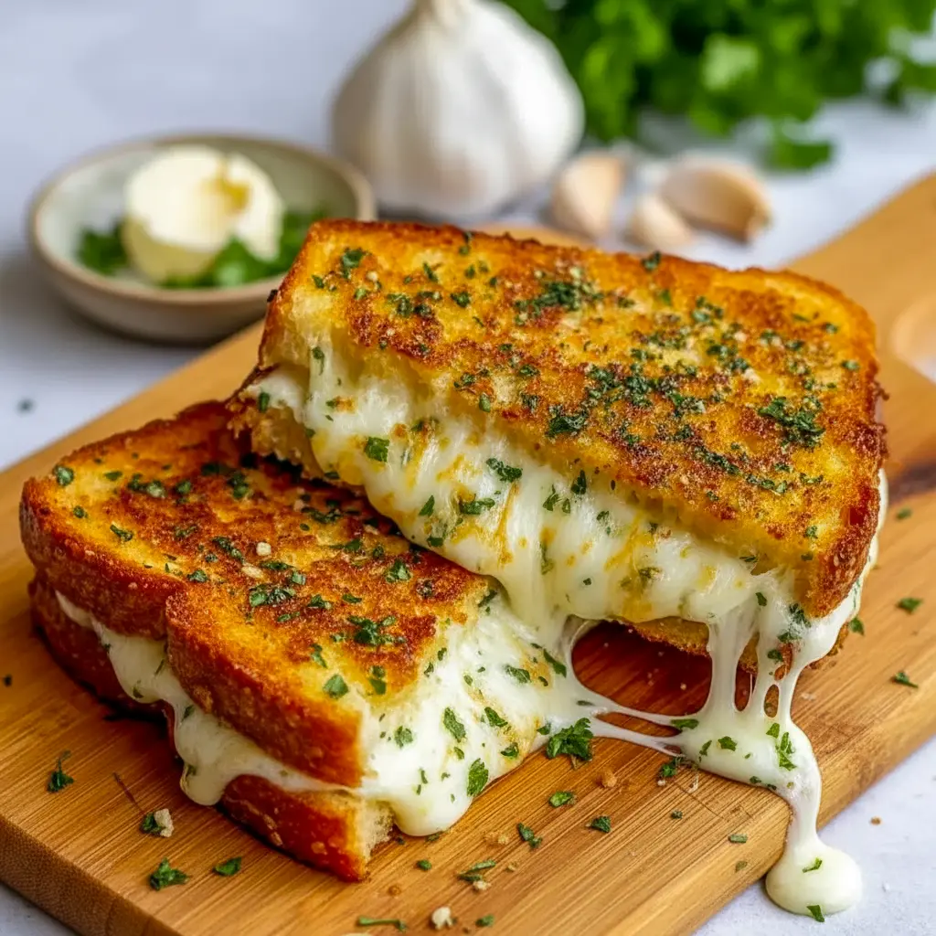 Close-up of a golden garlic-butter grilled cheese, gooey mozzarella and cheddar stretching between two halves, served with a bowl of tomato soup and a sprinkle of parsley, Grilled Cheese Recipes.