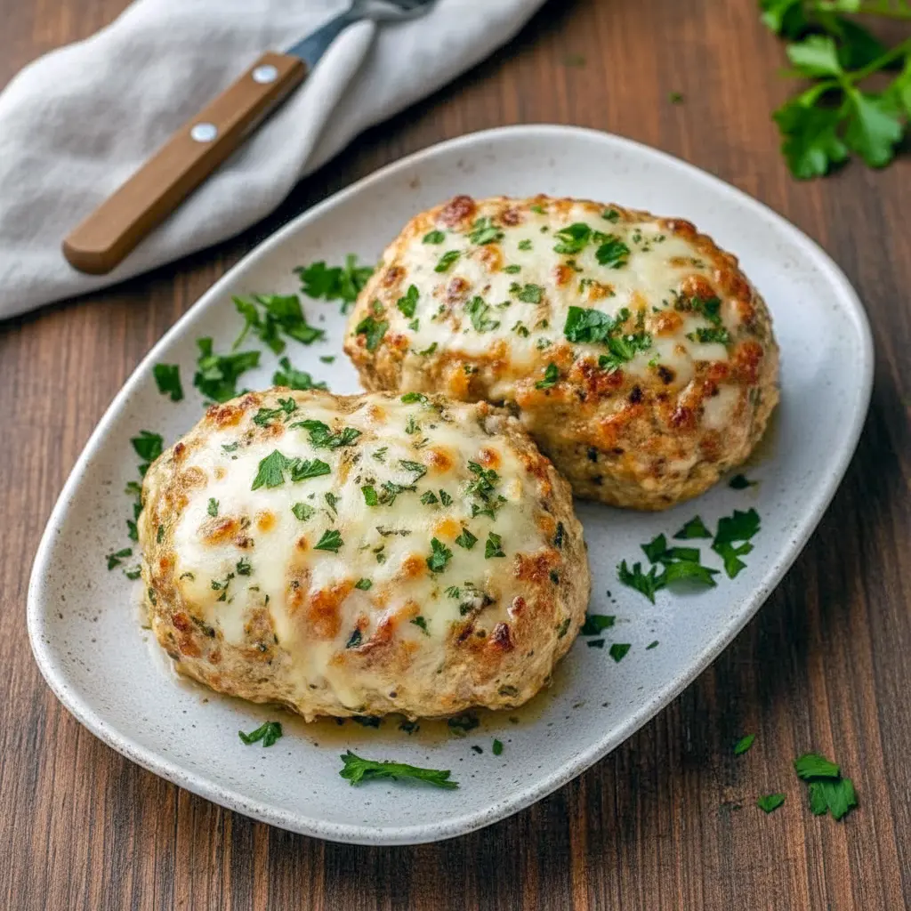 Close-up of golden Garlic Parmesan Chicken mini loaves with melted cheese and chopped parsley on a baking sheet, showing crispy edges and a tender interior.