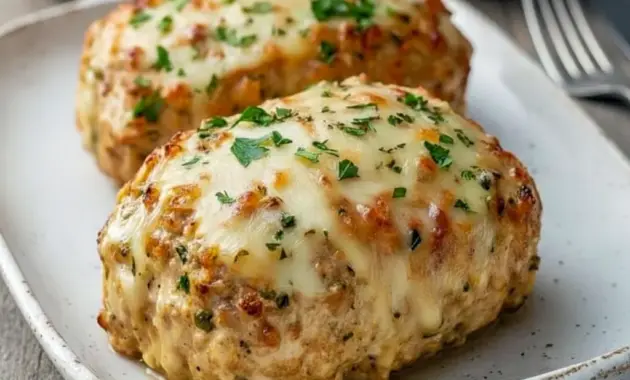 Close-up of golden Garlic Parmesan Chicken mini loaves with melted cheese and chopped parsley on a baking sheet, showing crispy edges and a tender interior.