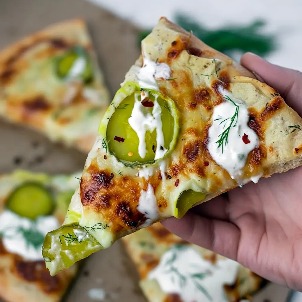 Top-down shot of a golden-brown pizza with garlic-white sauce, melted mozzarella, evenly spaced dill pickle slices, a drizzle of creamy garlic-dill sauce, and a sprinkle of fresh dill on a wooden pizza board, Dill Pickle Pizza Recipe.
