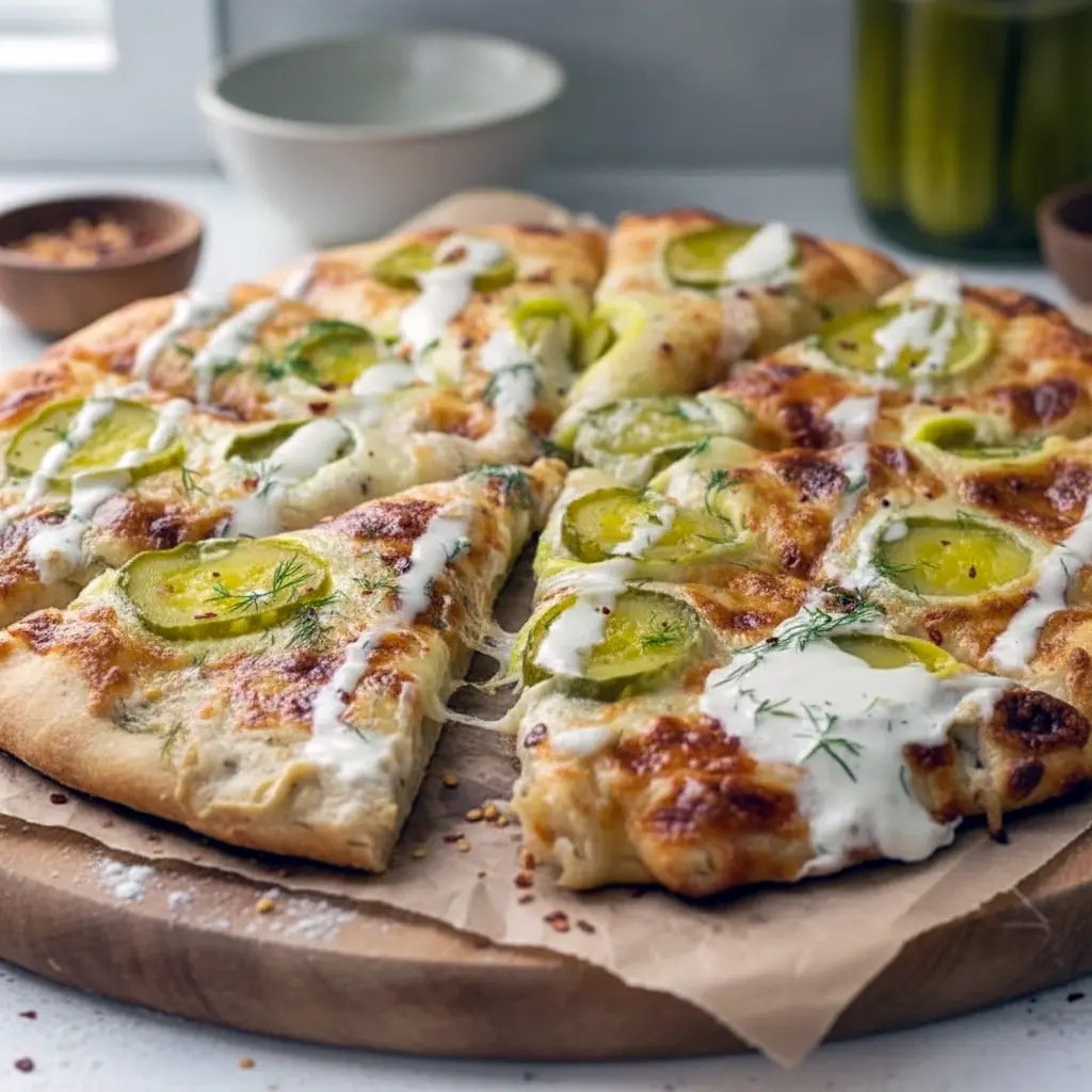 Top-down shot of a golden-brown pizza with garlic-white sauce, melted mozzarella, evenly spaced dill pickle slices, a drizzle of creamy garlic-dill sauce, and a sprinkle of fresh dill on a wooden pizza board, Dill Pickle Pizza Recipe.