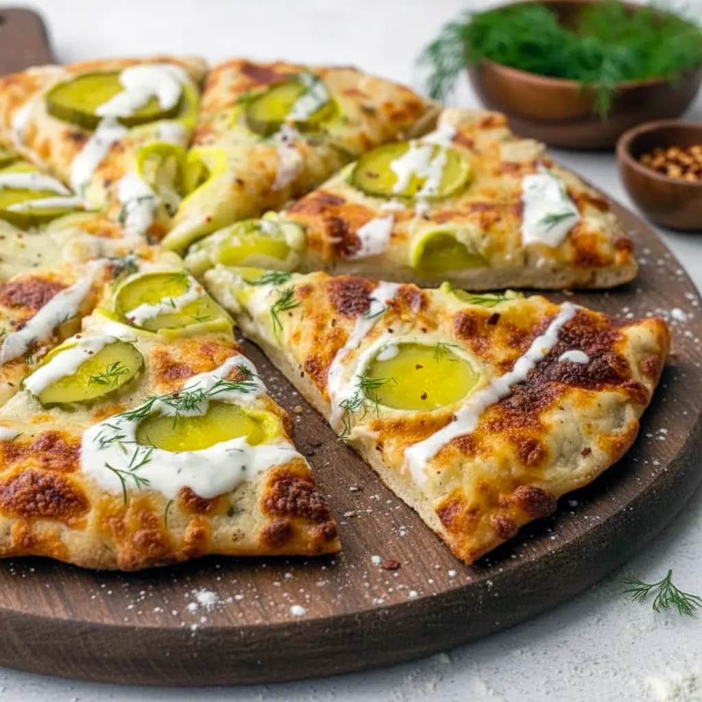 Top-down shot of a golden-brown pizza with garlic-white sauce, melted mozzarella, evenly spaced dill pickle slices, a drizzle of creamy garlic-dill sauce, and a sprinkle of fresh dill on a wooden pizza board, Dill Pickle Pizza Recipe.