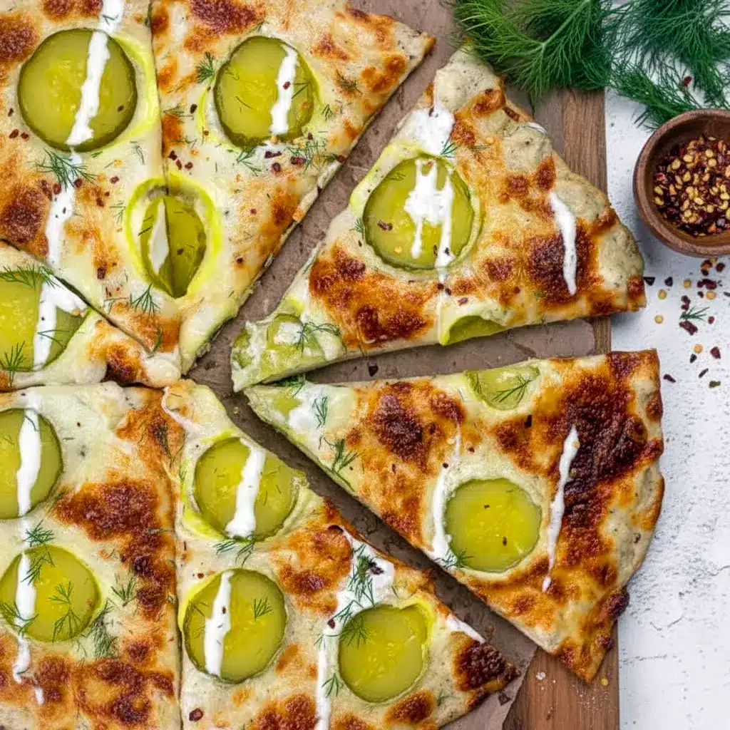 Top-down shot of a golden-brown pizza with garlic-white sauce, melted mozzarella, evenly spaced dill pickle slices, a drizzle of creamy garlic-dill sauce, and a sprinkle of fresh dill on a wooden pizza board, Dill Pickle Pizza Recipe.