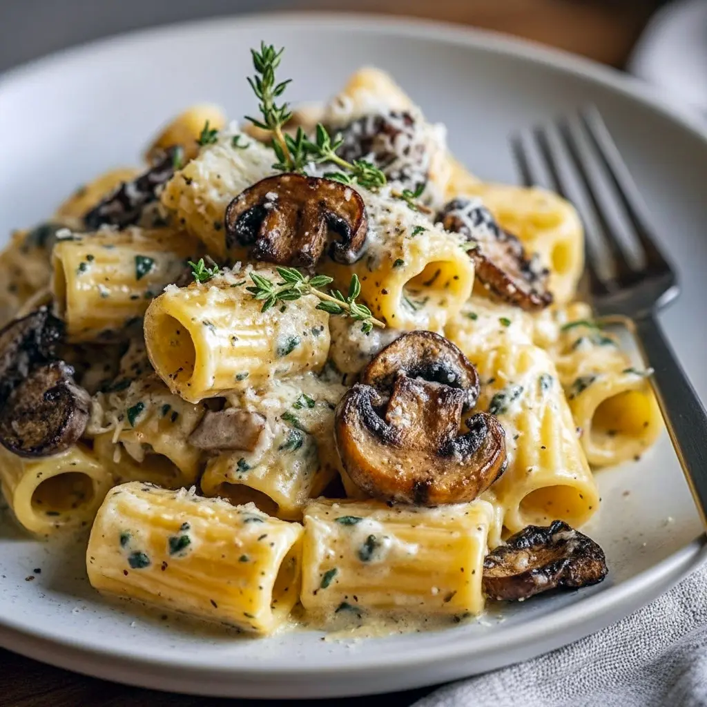 Truffle Cream Sauce tossed with fettuccine, sautéed mushrooms, and a shower of grated Parmesan on a plate.