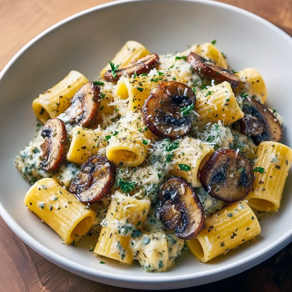 Truffle Cream Sauce tossed with fettuccine, sautéed mushrooms, and a shower of grated Parmesan on a plate.