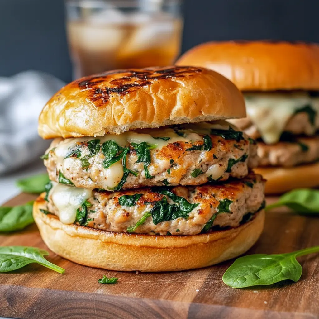 Close-up of Healthy Spinach Chicken Burgers on toasted buns with melted white cheddar and fresh spinach, ready to eat.