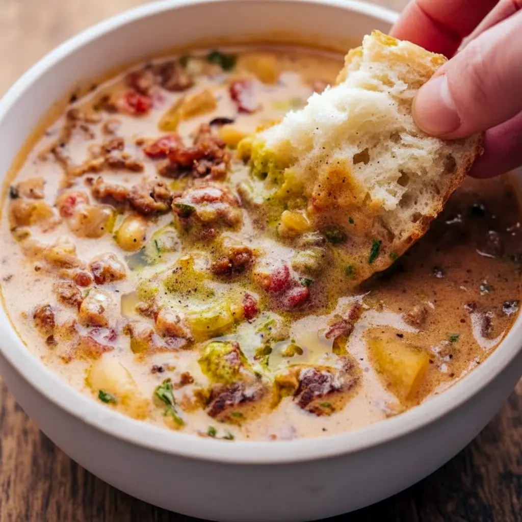 Bowl of Tuscan sausage soup with potatoes, white beans, sun-dried tomatoes and a pesto swirl, served with crusty bread.