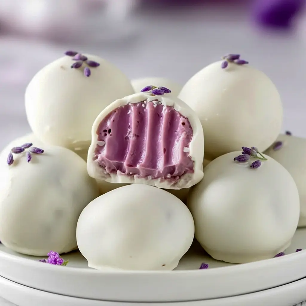Close-up of glossy white chocolate Chocolate Truffles dusted with dried lavender and a light honey drizzle, arranged on parchment for a delicate spring dessert.