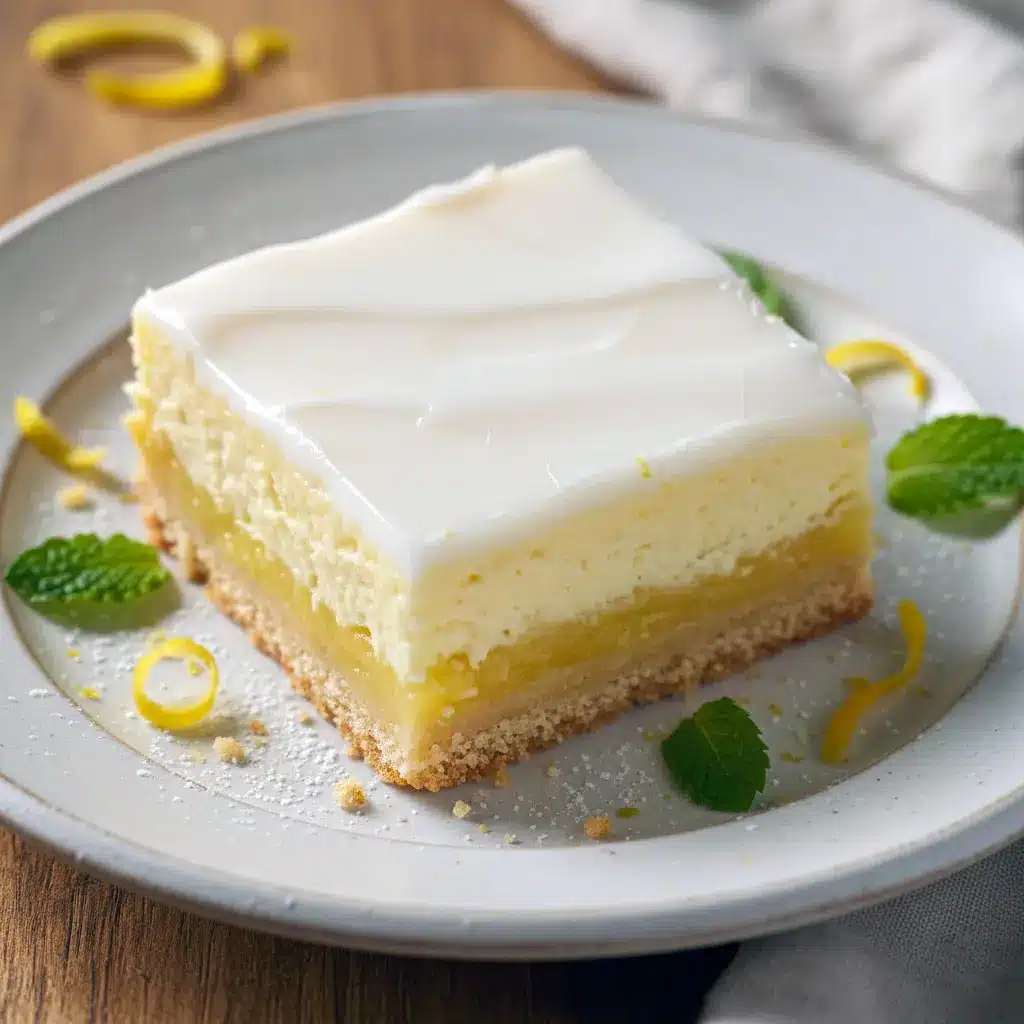 Lemon Cheesecake bar sliced on parchment, showing a creamy lemon layer over a cheesecake topping and golden crust, dusted with powdered sugar — elegant Cheesecake Bar ready to serve.