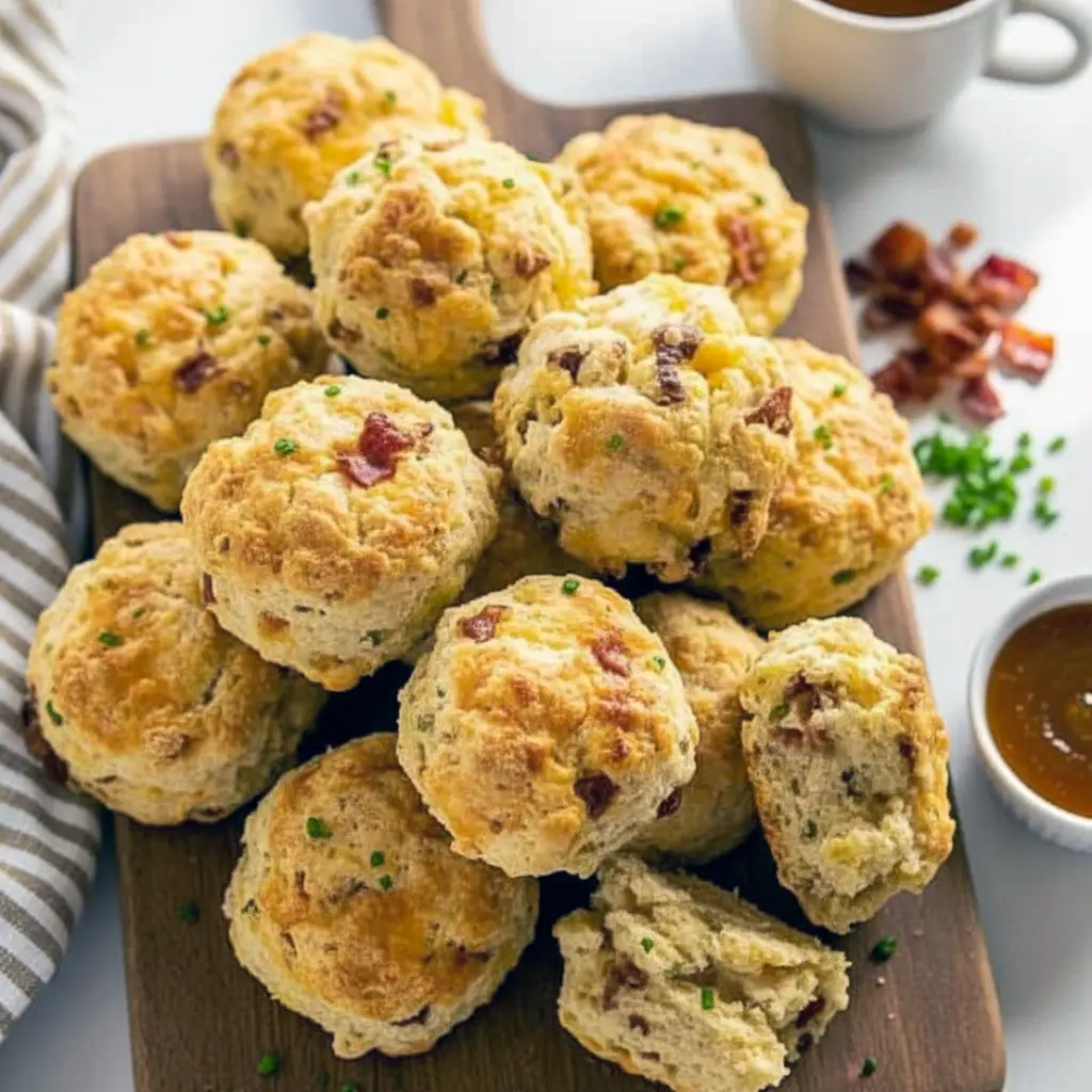 Loaded Breakfast Biscuits stacked on a plate, oozing melted cheddar with visible bacon and egg, ready for a Make Ahead Camping Breakfast.