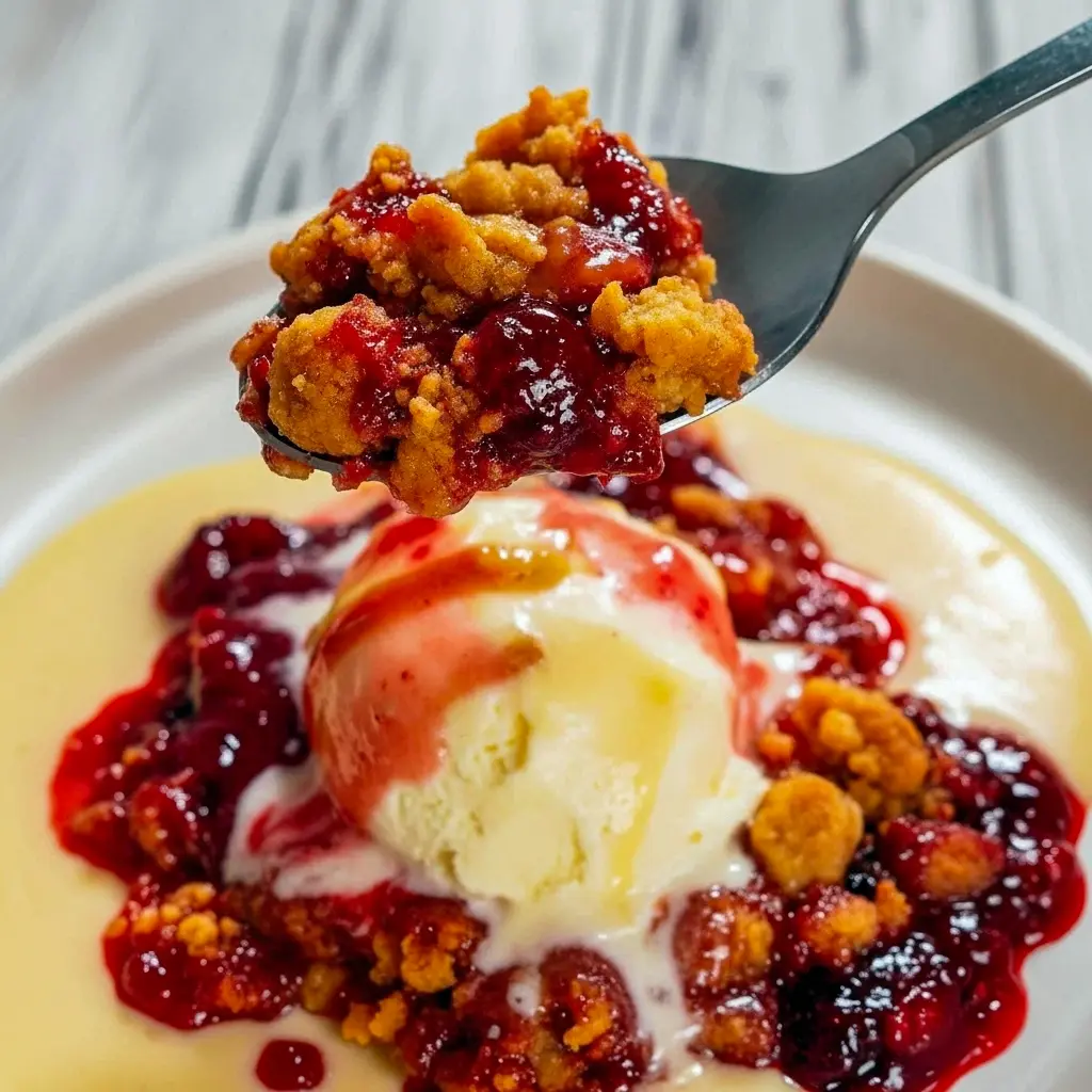 Golden peanut butter cookie-topped cobbler bubbling with strawberry filling in a glass 9×13 pan, served with a melting scoop of vanilla ice cream, Peanut Butter And Jelly Cobbler.