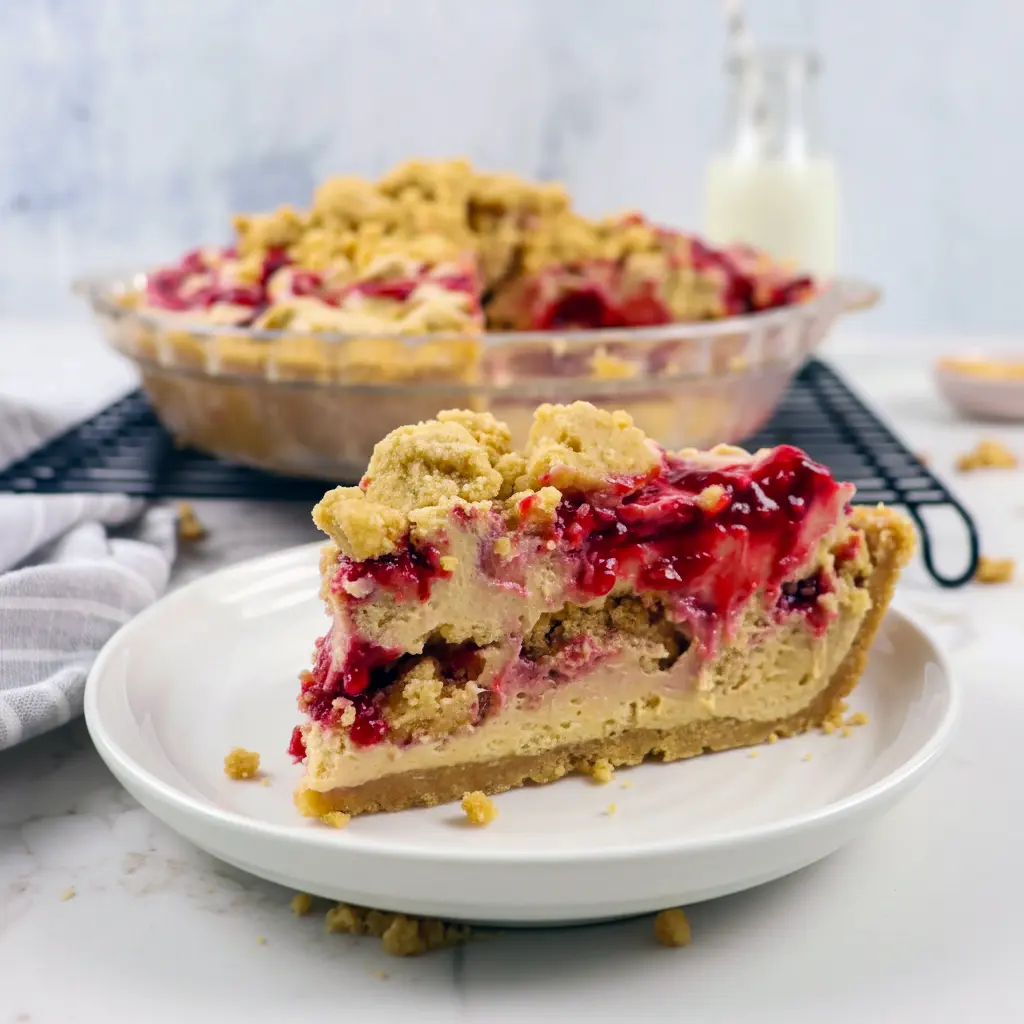 Slice of peanut butter and jelly pie with a crunchy cookie crust, swirled peanut butter filling, glossy raspberry jelly pockets and toasted crumb topping on a plate, Pie Dessert.