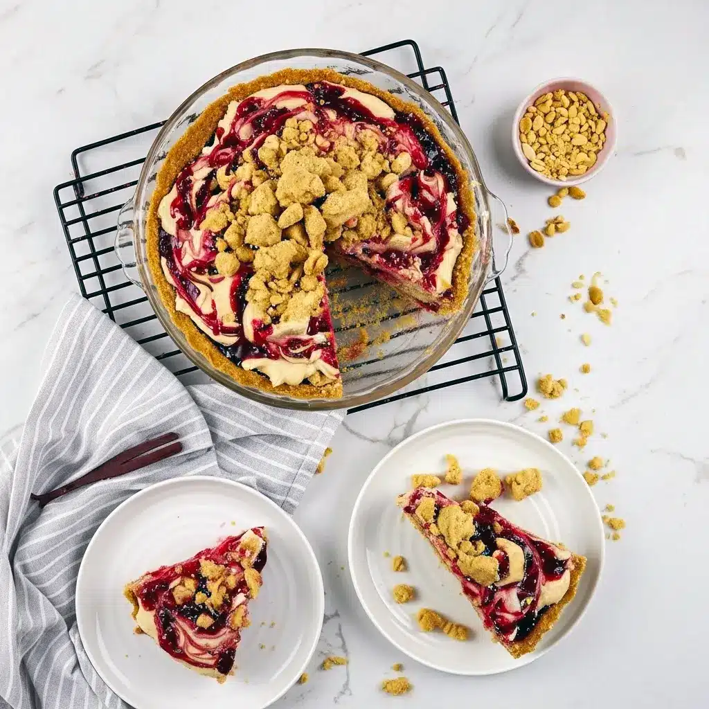 Slice of peanut butter and jelly pie with a crunchy cookie crust, swirled peanut butter filling, glossy raspberry jelly pockets and toasted crumb topping on a plate, Pie Dessert.