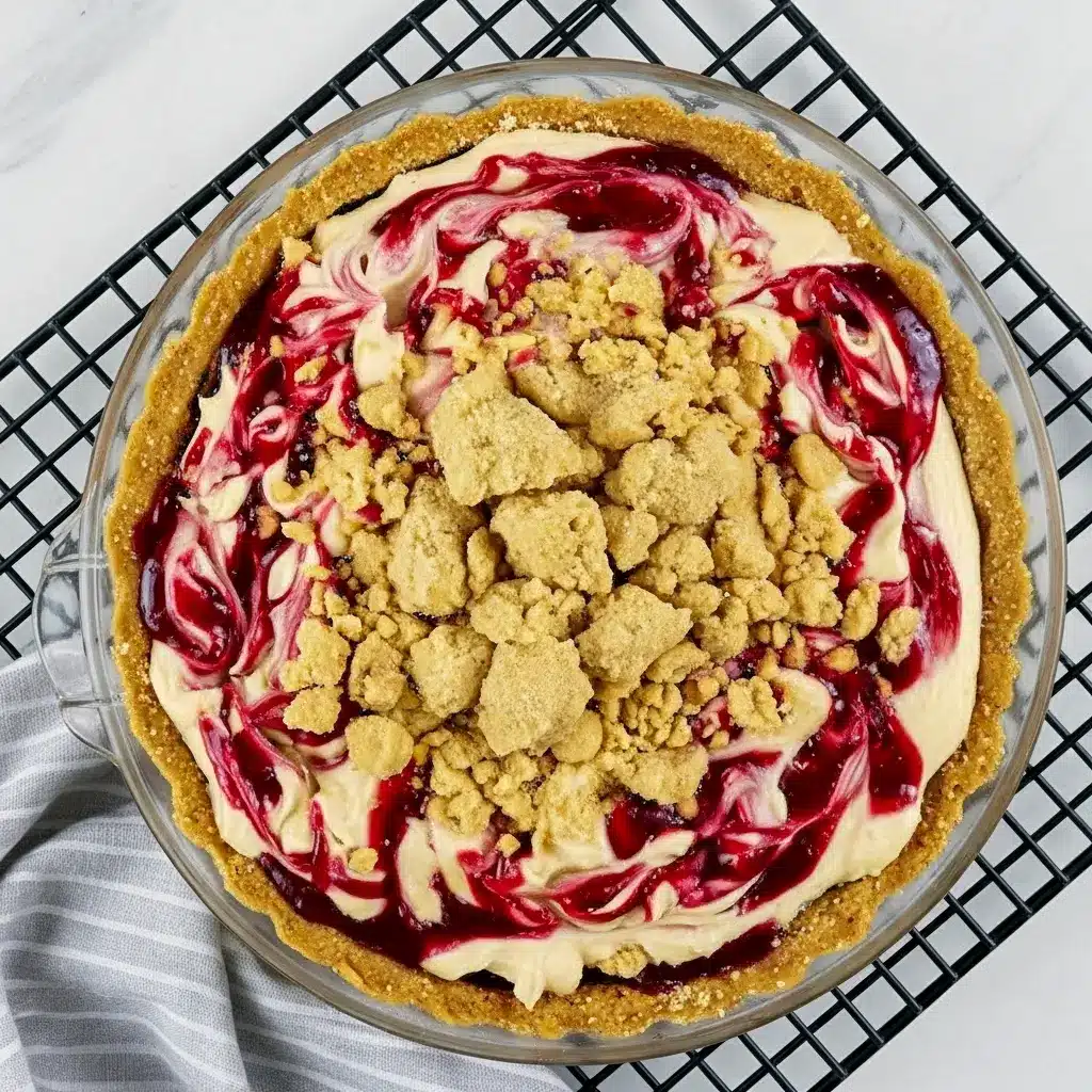Slice of peanut butter and jelly pie with a crunchy cookie crust, swirled peanut butter filling, glossy raspberry jelly pockets and toasted crumb topping on a plate, Pie Dessert.
