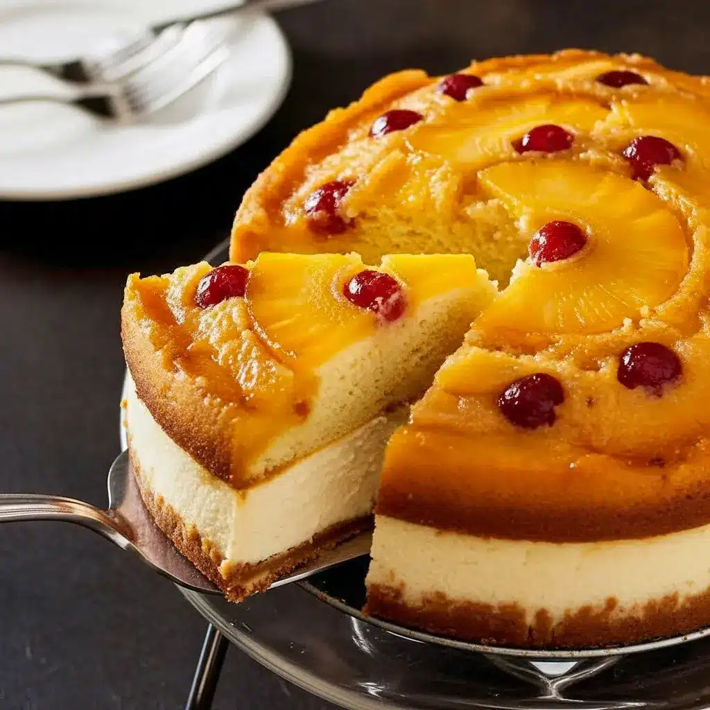 A slice of Pineapple Upside Down Cheesecake Cake with caramelized pineapple rings, cherries, and a creamy cheesecake layer on a white plate.