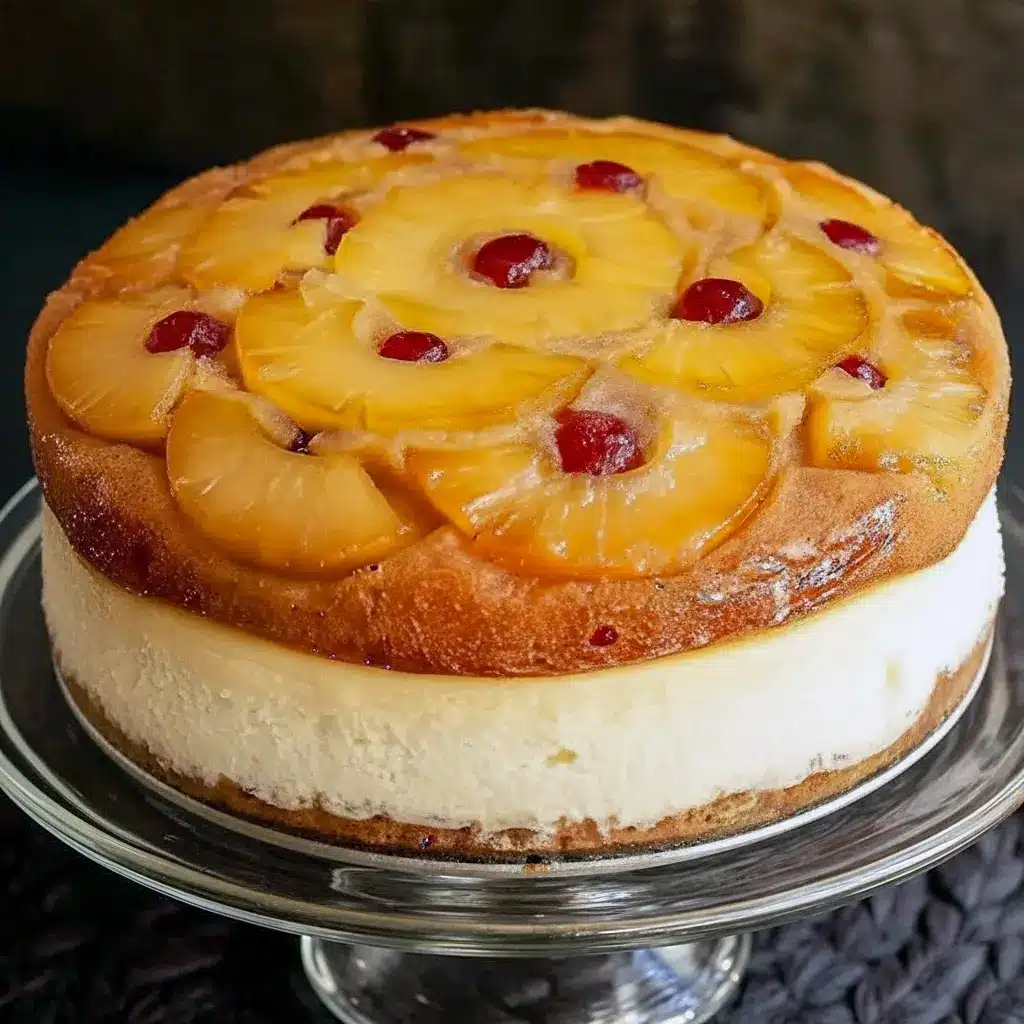 A slice of Pineapple Upside Down Cheesecake Cake with caramelized pineapple rings, cherries, and a creamy cheesecake layer on a white plate.