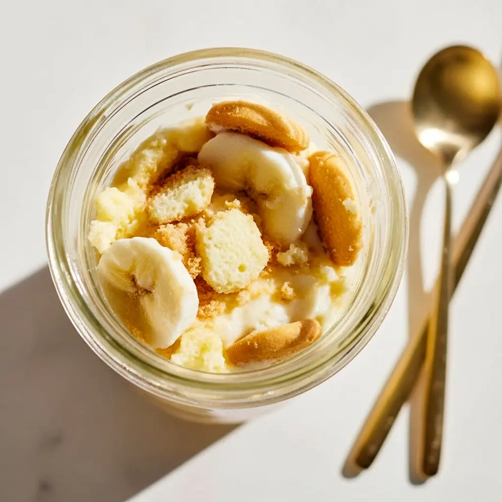 Creamy jar of Healthy And Easy Desserts protein banana pudding layered with crushed vanilla wafers and banana slices.
