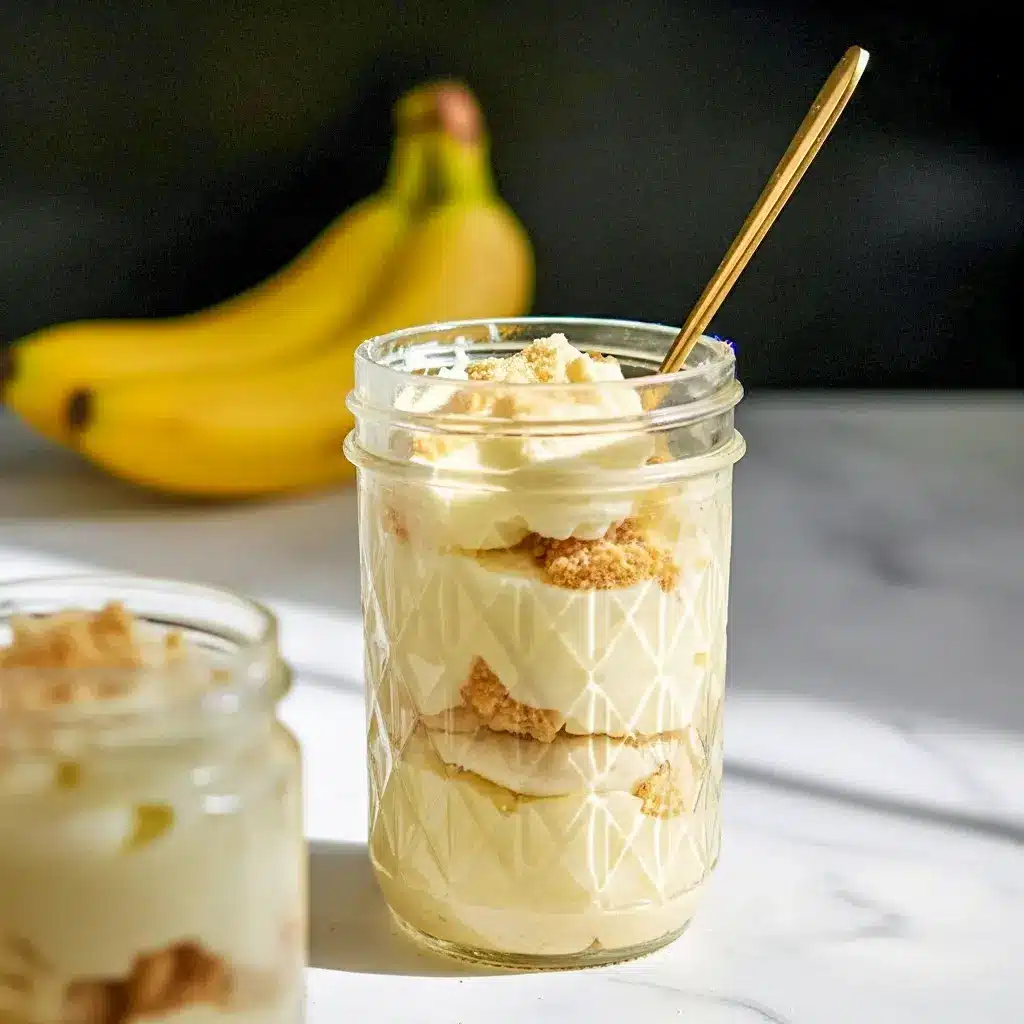 Creamy jar of Healthy And Easy Desserts protein banana pudding layered with crushed vanilla wafers and banana slices.