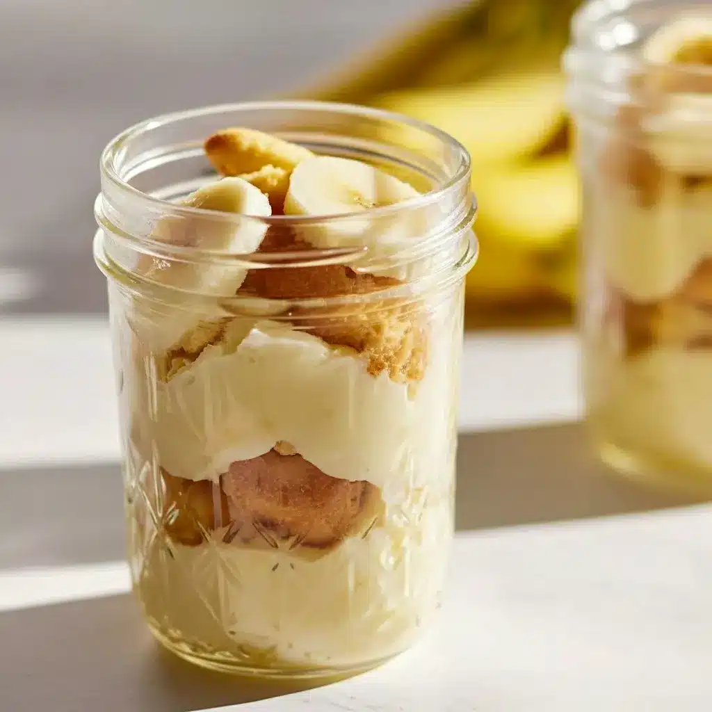 Creamy jar of Healthy And Easy Desserts protein banana pudding layered with crushed vanilla wafers and banana slices.