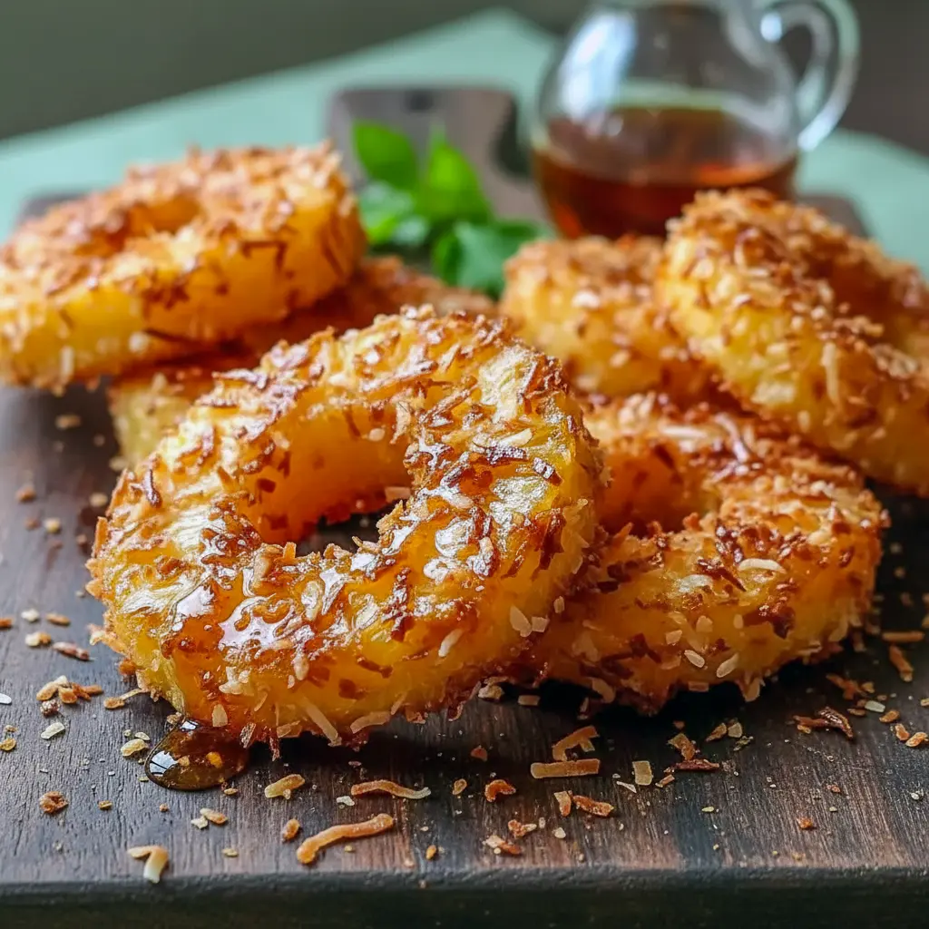 Close-up of crispy Fried Pineapple slices with toasted coconut crust, drizzled glaze, and a small bowl of rum cream dip — a tempting Rum Soaked Pineapple treat ideal for Tropical Appetizers.