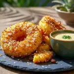 Close-up of crispy Fried Pineapple slices with toasted coconut crust, drizzled glaze, and a small bowl of rum cream dip — a tempting Rum Soaked Pineapple treat ideal for Tropical Appetizers.