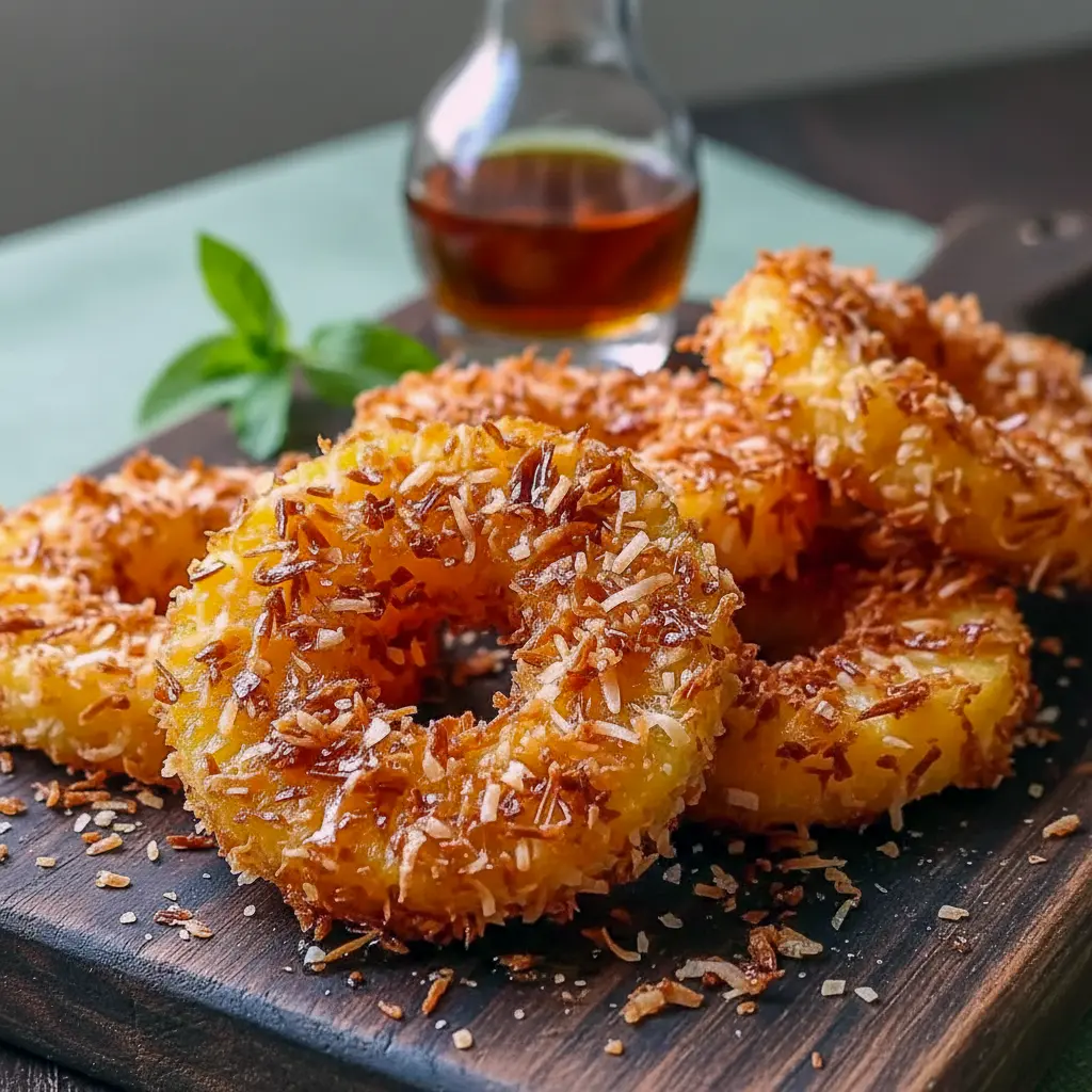 Close-up of crispy Fried Pineapple slices with toasted coconut crust, drizzled glaze, and a small bowl of rum cream dip — a tempting Rum Soaked Pineapple treat ideal for Tropical Appetizers.