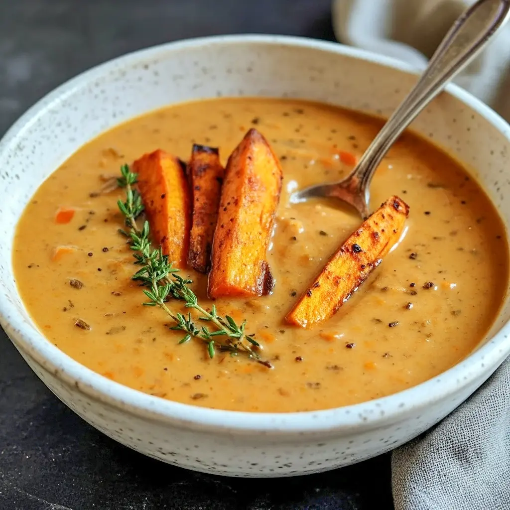 Cozy Soup — bowl of creamy roasted Italian sweet potato soup garnished with thyme and roasted potato wedges, ready to serve.