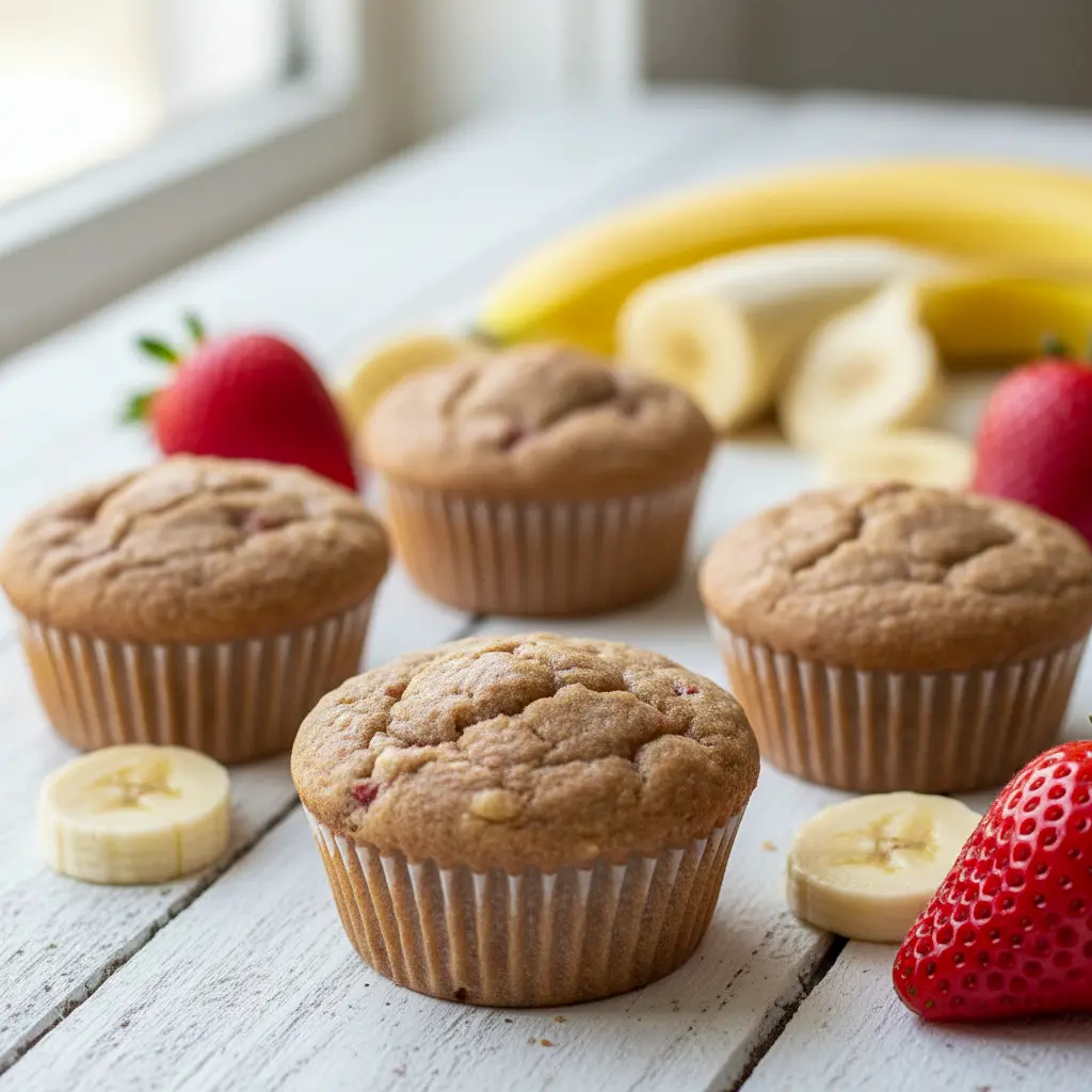 Plate of Healthy Blender Muffins — strawberry-banana mini muffins in silicone liners with golden tops and a few fresh berries beside them.