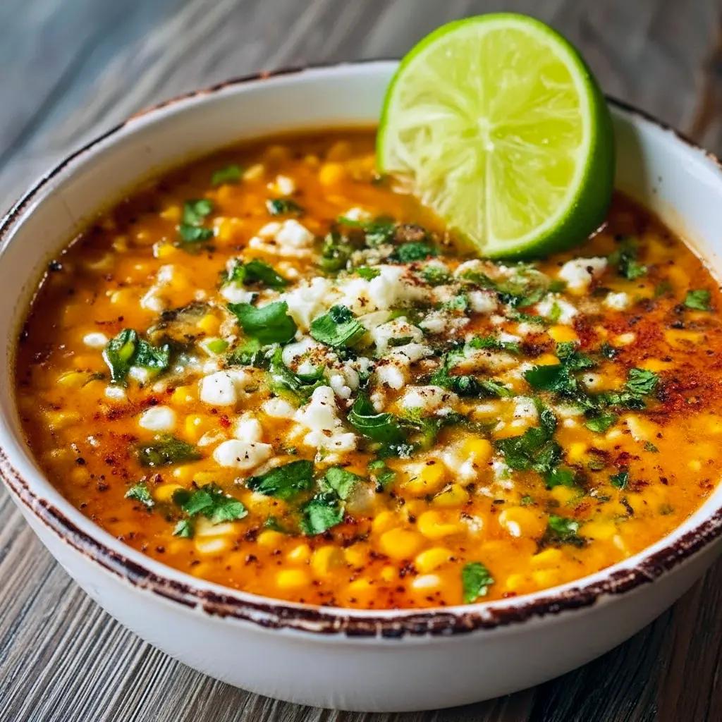 Warm bowl of street corn chicken chili topped with cilantro, crumbled cheese, and a lime wedge on a rustic wooden table, Street Corn Chicken Chili Recipe.