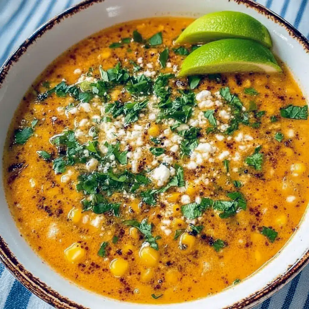 Warm bowl of street corn chicken chili topped with cilantro, crumbled cheese, and a lime wedge on a rustic wooden table, Street Corn Chicken Chili Recipe.