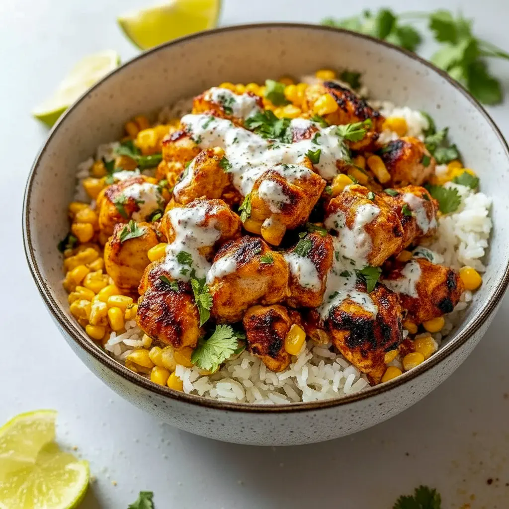 Overhead shot of a Street Corn Chicken Rice Bowl: sliced seasoned chicken thighs on a bed of fluffy white rice, charred corn mixed with creamy sauce and crumbled Cotija, garnished with cilantro, avocado slices, and a lime wedge, Quick Fresh Dinner Ideas.