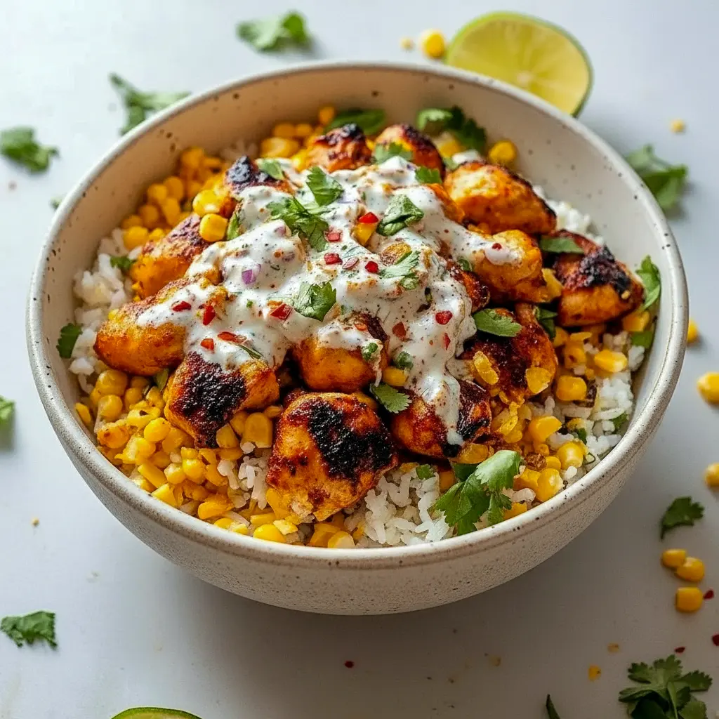 Overhead shot of a Street Corn Chicken Rice Bowl: sliced seasoned chicken thighs on a bed of fluffy white rice, charred corn mixed with creamy sauce and crumbled Cotija, garnished with cilantro, avocado slices, and a lime wedge, Quick Fresh Dinner Ideas.