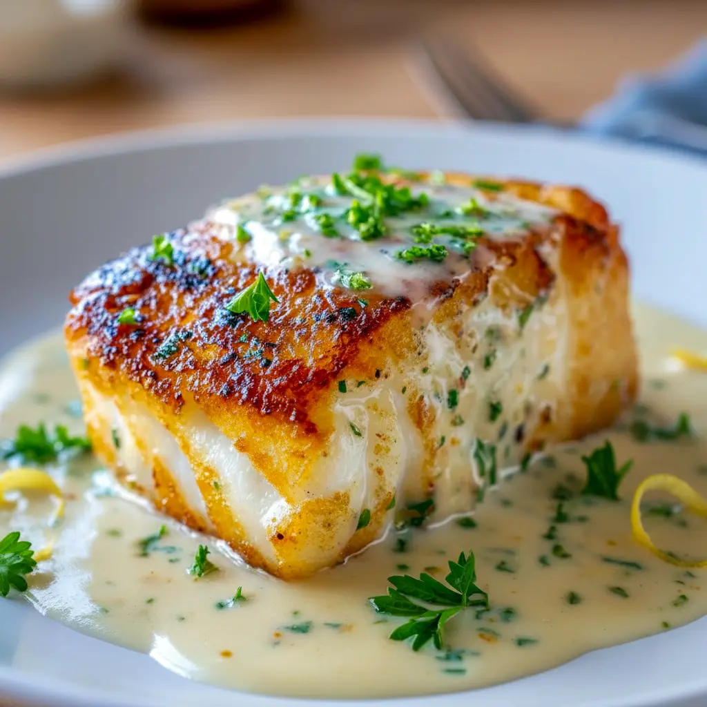 Close-up of a golden halibut fillet drizzled with lemon beurre blanc, plated with roasted baby potatoes and asparagus — perfect for Halibut Side Dishes, great inspiration for Easy Baked Halibut Recipes, and a top Halibut Sauce Recipes to copy, Best Halibut Ever.