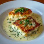 Close-up of a golden halibut fillet drizzled with lemon beurre blanc, plated with roasted baby potatoes and asparagus — perfect for Halibut Side Dishes, great inspiration for Easy Baked Halibut Recipes, and a top Halibut Sauce Recipes to copy, Best Halibut Ever.
