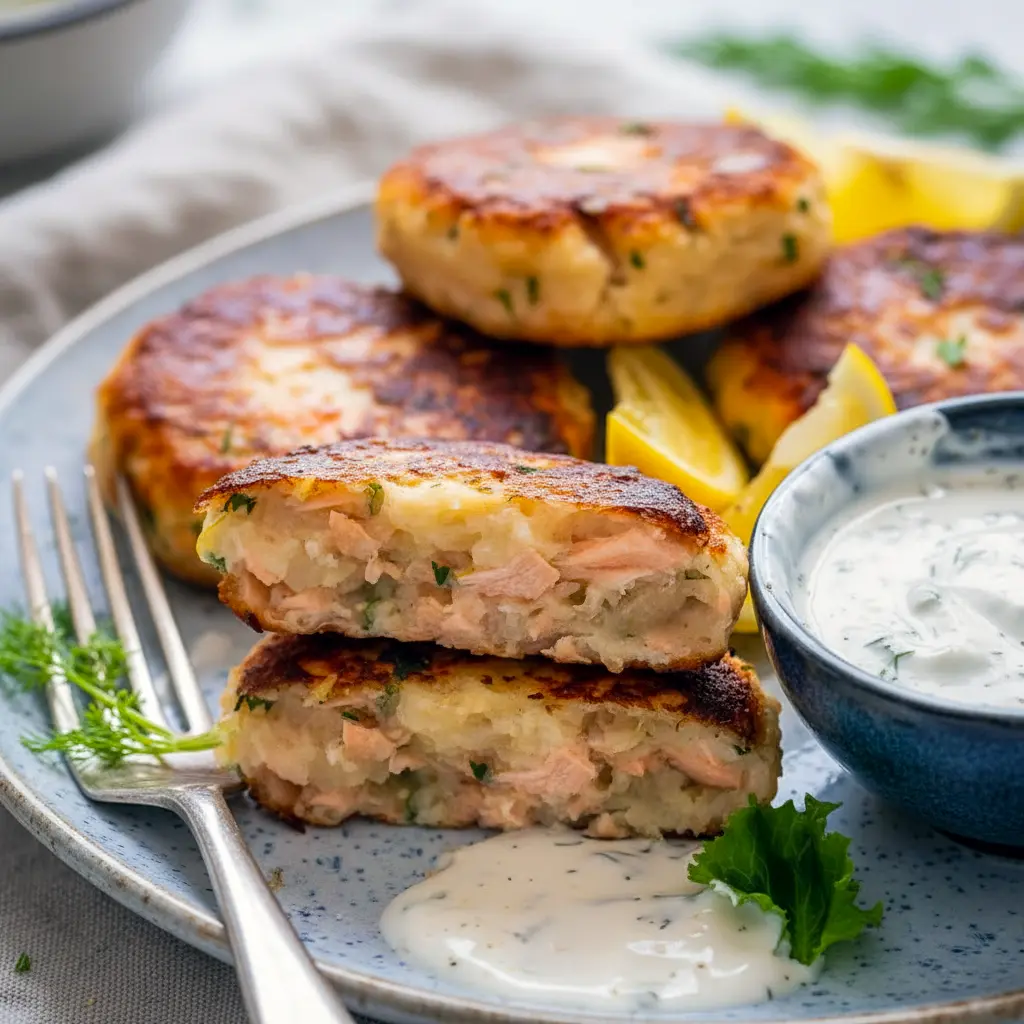 Easy Salmon Cakes stacked on a plate, crisp golden exterior, visible mashed-potato center, garnished with chopped chives and a small bowl of garlic-chive yogurt sauce.