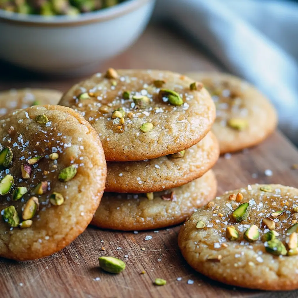 Golden Honey Pistachio Cookies dotted with chopped pistachios and a sprinkle of flaky sea salt on parchment paper.
