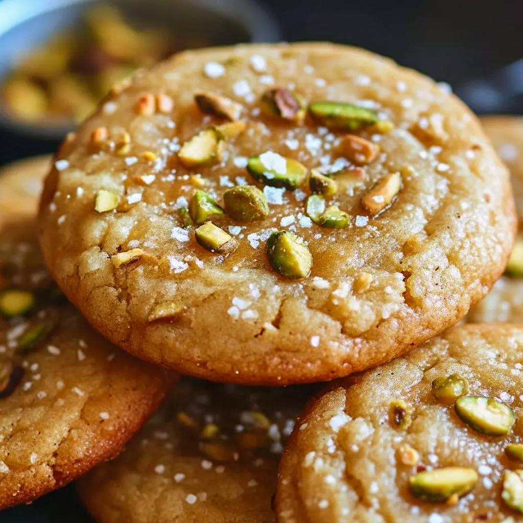 Golden Honey Pistachio Cookies dotted with chopped pistachios and a sprinkle of flaky sea salt on parchment paper.