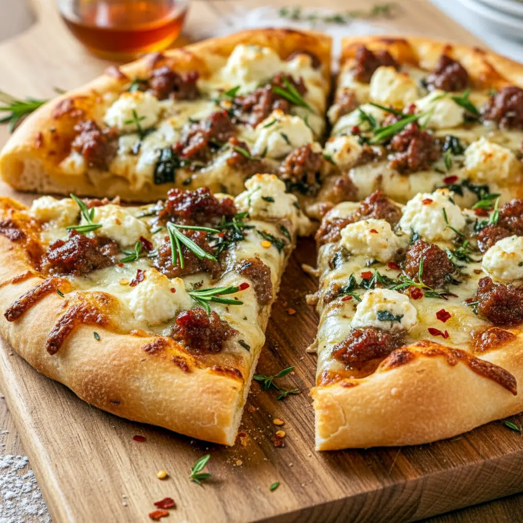 Homemade Pizza close-up: golden crust topped with crumbled sausage, ricotta dollops, melted mozzarella and a glossy hot-honey drizzle, garnished with basil.