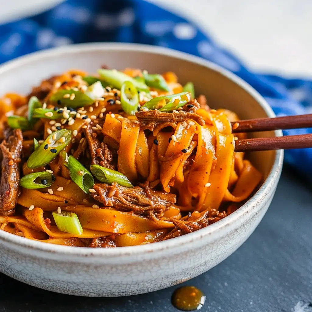 Steaming bowl of glossy shredded beef tossed with udon noodles, topped with sesame seeds and fresh cilantro, Korean Beef Noodles Recipe.