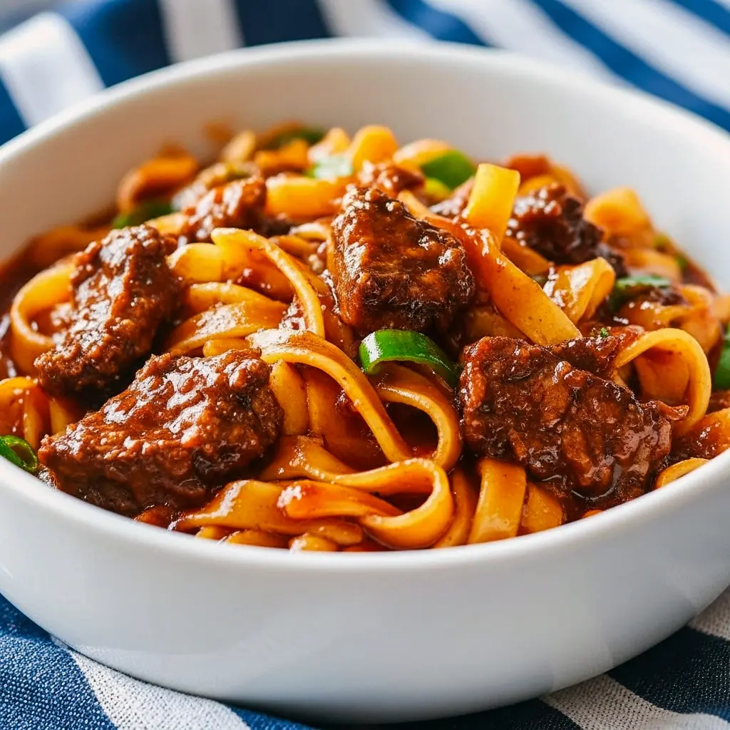 Steaming bowl of glossy shredded beef tossed with udon noodles, topped with sesame seeds and fresh cilantro, Korean Beef Noodles Recipe.