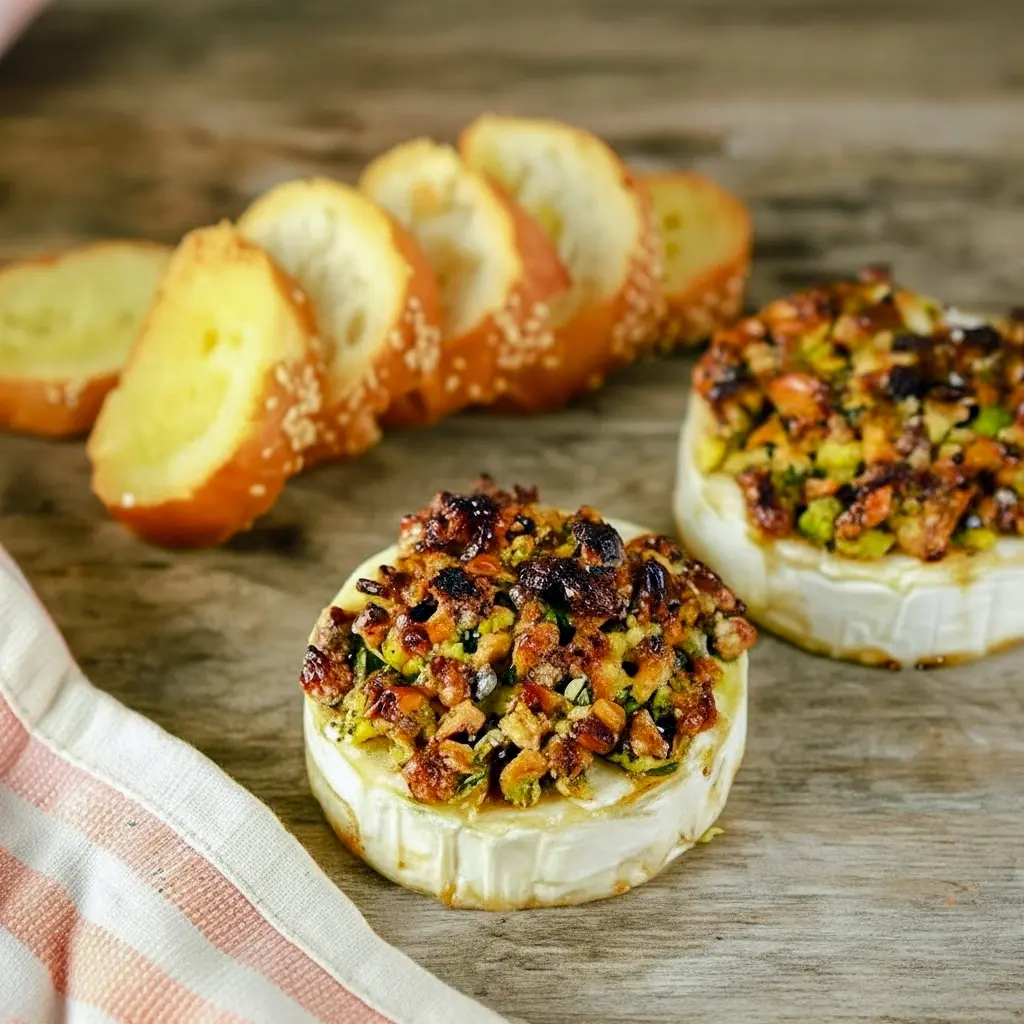 Small Group Appetizers — golden baked brie topped with chopped pistachios and honey, on a wooden board with toasted baguette rounds.