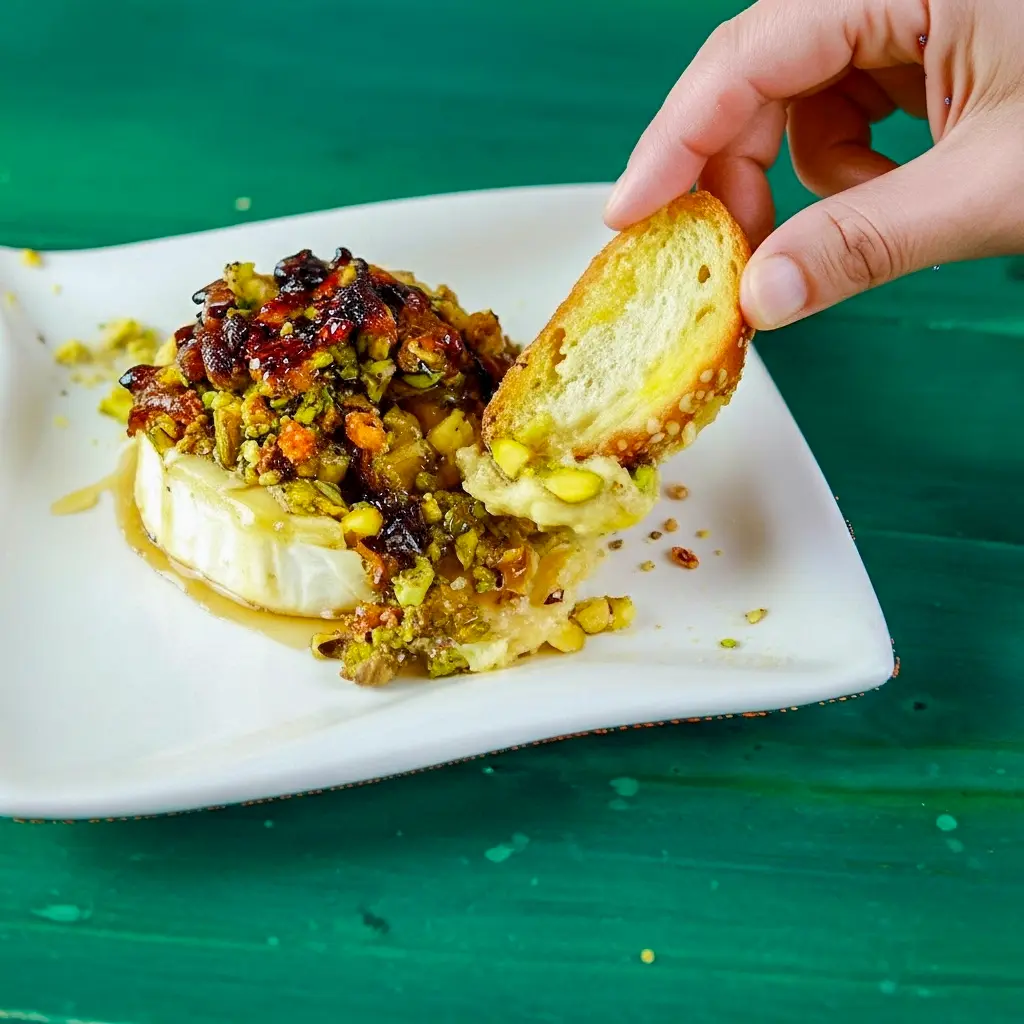 Small Group Appetizers — golden baked brie topped with chopped pistachios and honey, on a wooden board with toasted baguette rounds.
