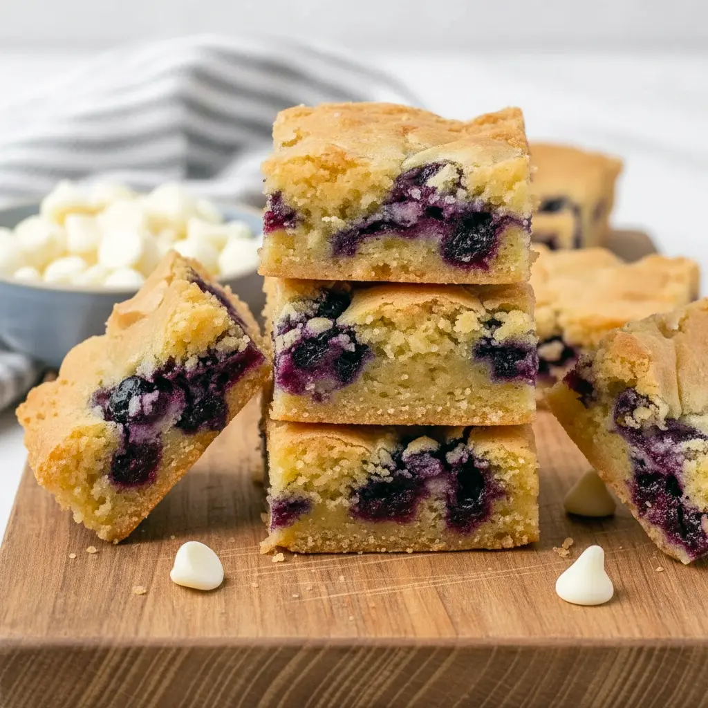 Plate of fudgy White Chocolate Blondies dotted with fresh blueberries and white chocolate chunks, cut into squares and stacked on parchment.