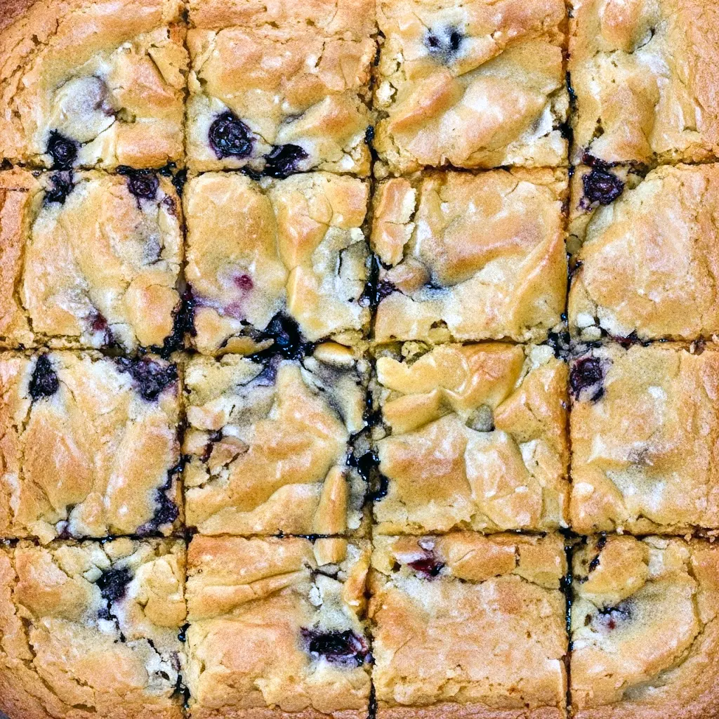 Plate of fudgy White Chocolate Blondies dotted with fresh blueberries and white chocolate chunks, cut into squares and stacked on parchment.