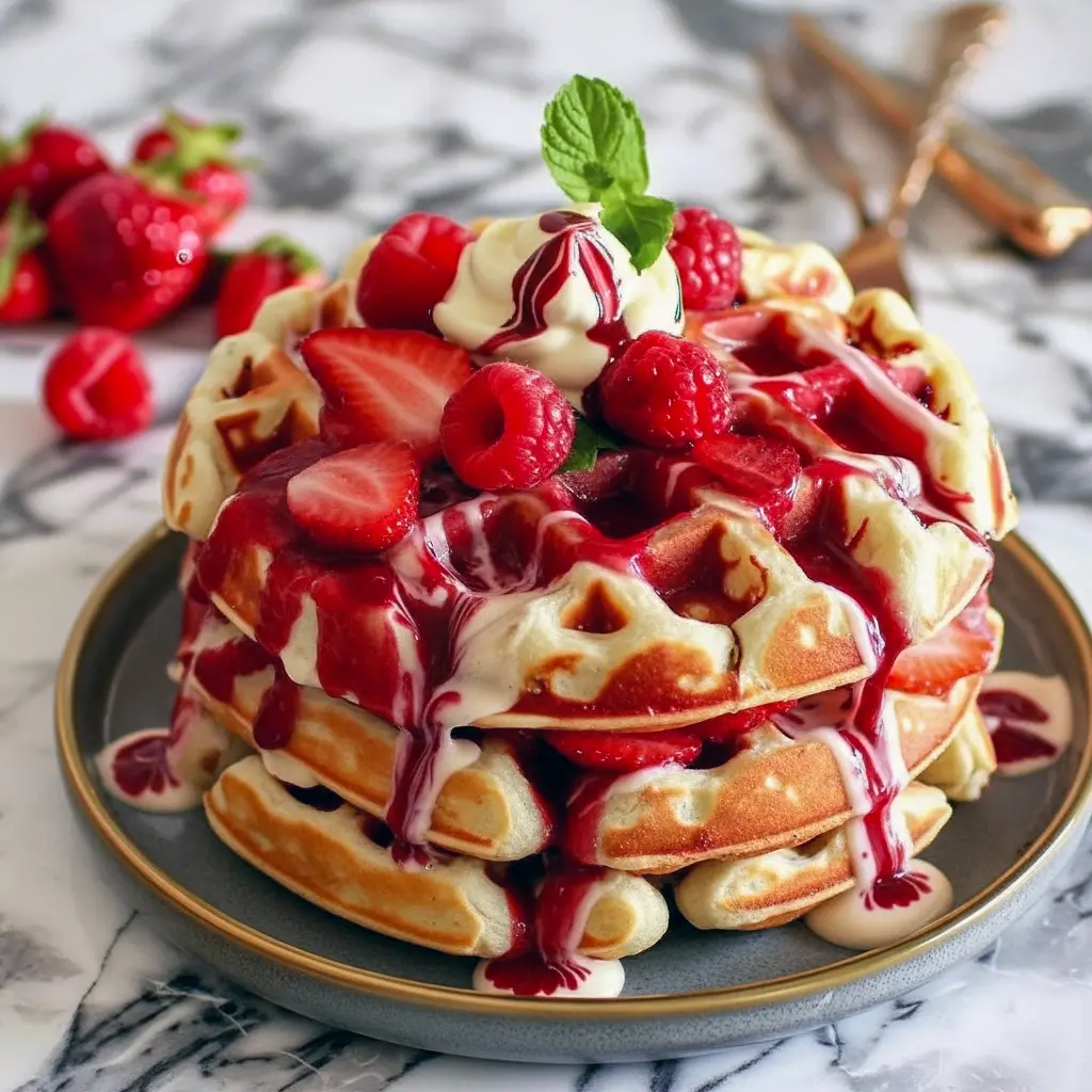 Waffle Recipes close-up of a red velvet marble waffle stacked with whipped cream and raspberries — a vibrant Breakfast Treats shot ready for brunch.